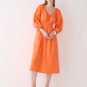 J. Crew Tangerine V-Neck Dress with Pockets!, Smocked Waist & Puff Sleeves, L